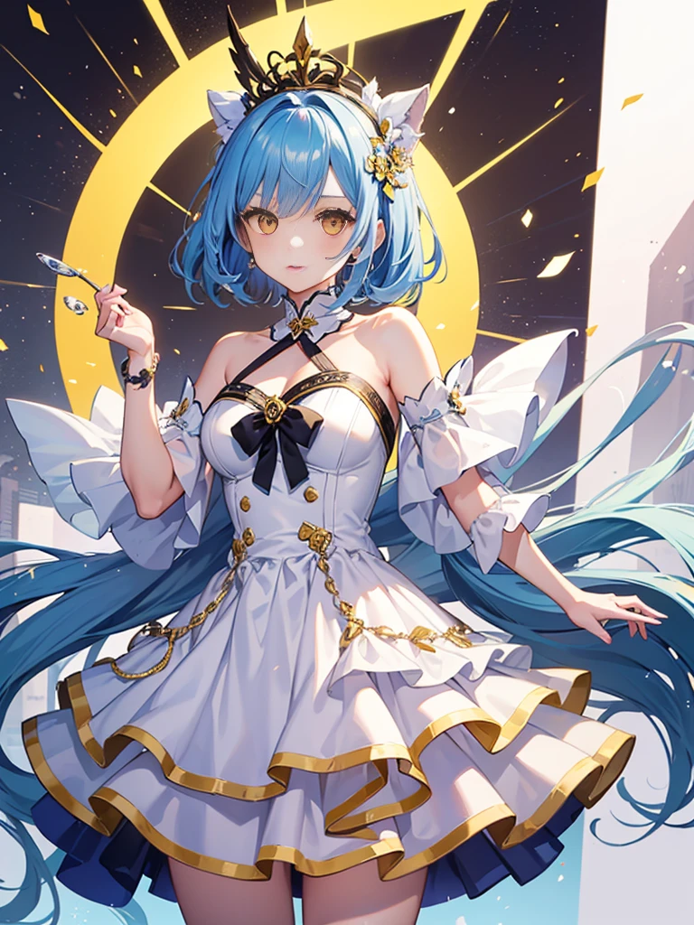 1girl, with big glowing scissors, absurdres, black bow, black gloves, black legwear, blue eyes, blue hair, bow, clarkbone, dress, drill hair, frilled dress, frils, gloves, gwen\ (league of legends), hair accessories, highres, league legendary, long hair, cracked lips, puff sleeves, pink eyes, smile, solo, blue dress, x, x hair accessories, mid-chest, indoor, half nude