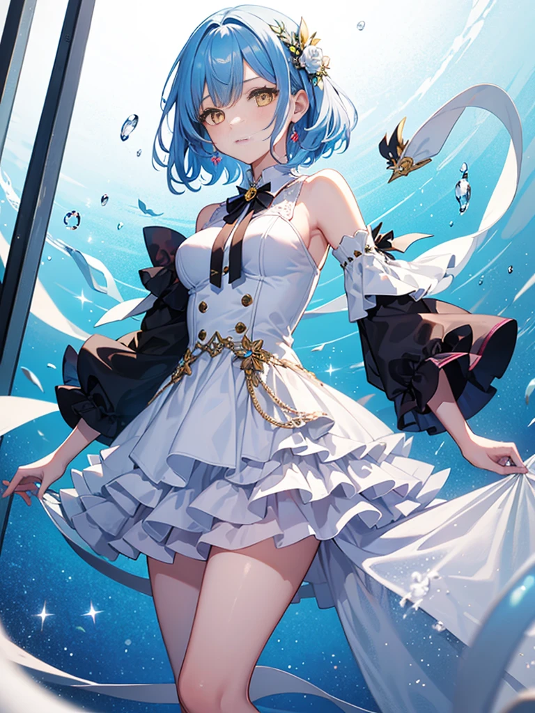 1girl, dress, idol costume, white clothes, layered skirt, light blue hair, yellow eyes, short straight hair