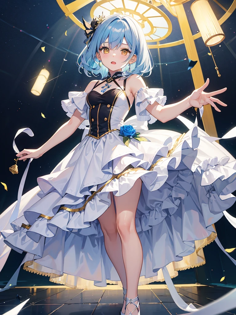 1girl, dress, idol costume, white clothes, layered skirt, light blue hair, yellow eyes, short straight hair