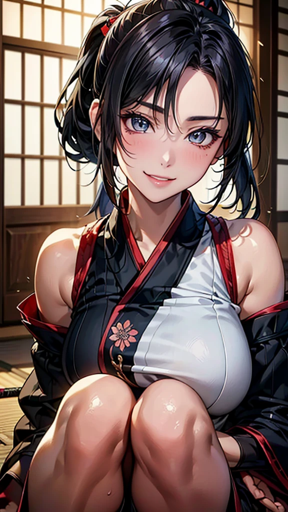 Beautiful flirtatiously smiling Asian, a very busty ronin wearing gold lace kimono, Meiji restoration, blue eyes, focused on the viewer, yojimbo, cleavage, off the shoulders, HD, UHD, WLOP, Artgerm, braided hairstyle, large breasts, large anime eyes, realistic eyes, highly detailed eyes, natural skin, natural skin texture, subsurface scattering, muted colors, skin pores, perfect face, perfect eyes, perfect full lips, supple female form, vivid, cinematic, Film light, Hyper detailed, Hyper-realistic, masterpiece, atmospheric, High resolution, Vibrant, High contrast, dark angle, 8k, HDR, 500px, kneeling on a mat in a shoin zukuri style house, full body