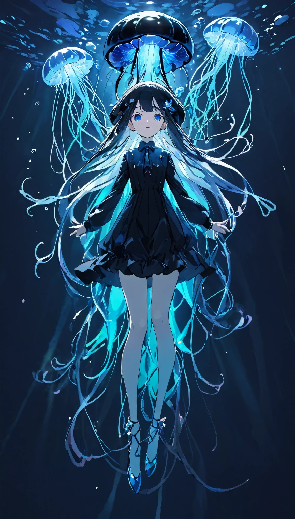 best quality、masterpiece、high resolution、8k、Pitch blackの静寂を演出、Wallpaper Art、Jellyfish floating in the air、Blue glowing jellyfish、Fluorescent jellyfish、Mysterious Expression、Synaptic vesicles、Neurons、Jellyfish-shaped quantum computer、Pitch black、The only light source is the jellyfish、