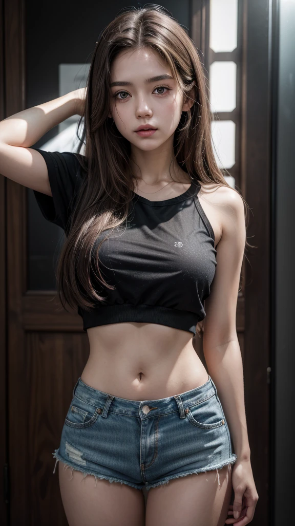 a detailed realistic portrait of a young woman with clear skin, long brown hair, wearing a loose black top that exposes her midriff and short denim shorts, standing full-body, high resolution, hyper detailed, photorealistic, cinematic lighting, vibrant colors, intricate details