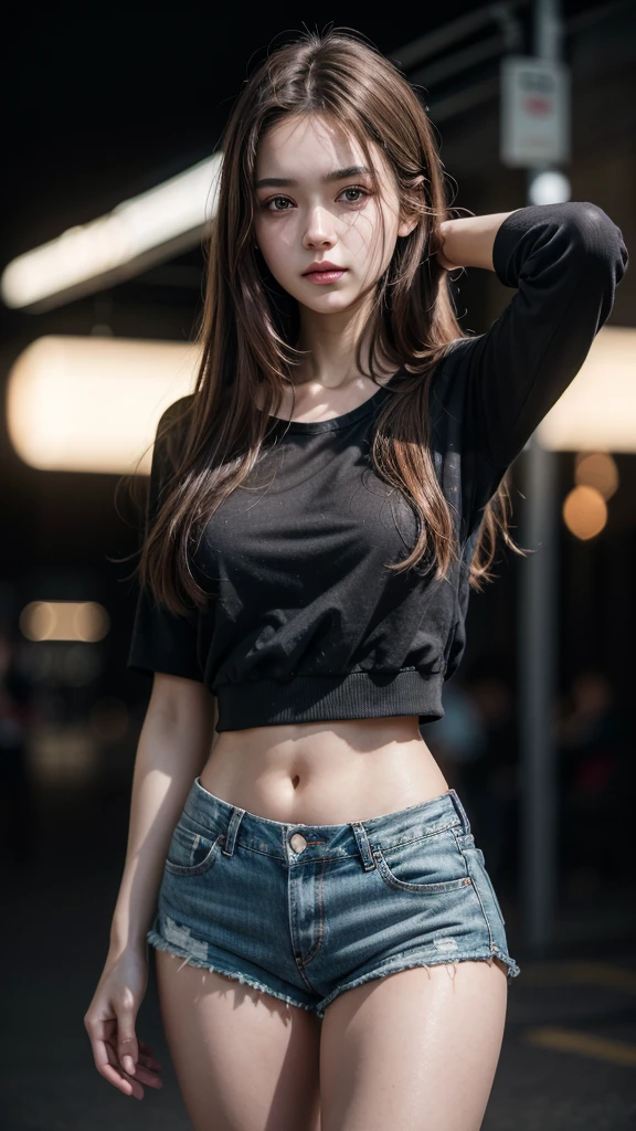 Greater definition, high sharpness. little anime girl, clear skin, whole body, small stature, medium loose black top, exposed ambomen, short denim shorts, long brown hair.