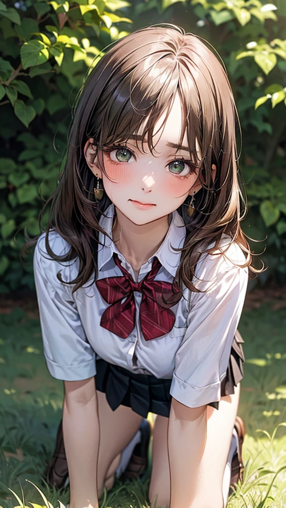 (masterpiece:1.2, top-quality), (realistic, photorealistic:1.4), beautiful illustration, (natural side lighting, movie lighting),
looking at viewer, cowboy shot, front view:0.6, 1 girl, japanese, high school girl, perfect face, cute and symmetrical face, shiny skin,
(long hair:1.8, straight hair:1.7, light brown hair), parted bangs, emerald green eyes, long eye lasher, (large breasts:0.9, thick thighs),
beautiful hair, beautiful face, beautiful detailed eyes, beautiful clavicle, beautiful body, beautiful chest, beautiful thigh, beautiful legs, beautiful fingers,
((, white collared shirts, black pleated mini skirt, black socks, brown loafers, red bow tie)), break, hoop ring earrings, pink panties, dark blue violet cardigan
(beautiful scenery),
In a grassy field, a girl is on all fours, and a big dog is behind her, grabbing her waist with its paws and holding her close to the lower half of her body.
Her face is bright red and flushed, her mouth is open, and she looks like she is about to cry.
She is wearing a very short skirt.