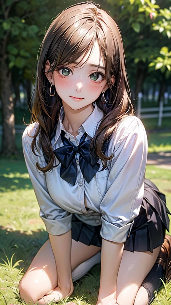(masterpiece:1.2, top-quality), (realistic, photorealistic:1.4), beautiful illustration, (natural side lighting, movie lighting),
looking at viewer, cowboy shot, front view:0.6, 1 girl, japanese, high school girl, perfect face, cute and symmetrical face, shiny skin,
(long hair:1.8, straight hair:1.7, light brown hair), parted bangs, emerald green eyes, long eye lasher, (large breasts:0.9, thick thighs),
beautiful hair, beautiful face, beautiful detailed eyes, beautiful clavicle, beautiful body, beautiful chest, beautiful thigh, beautiful legs, beautiful fingers,
((, white collared shirts, black pleated mini skirt, black socks, brown loafers, red bow tie)), break, hoop ring earrings, pink panties, dark blue violet cardigan
(beautiful scenery),
In a grassy field, a girl is on all fours, and a big dog is behind her, grabbing her waist with its paws and holding her close to the lower half of her body.
Her face is bright red and flushed, her mouth is open, and she looks like she is about to cry.
She is wearing a very short skirt.