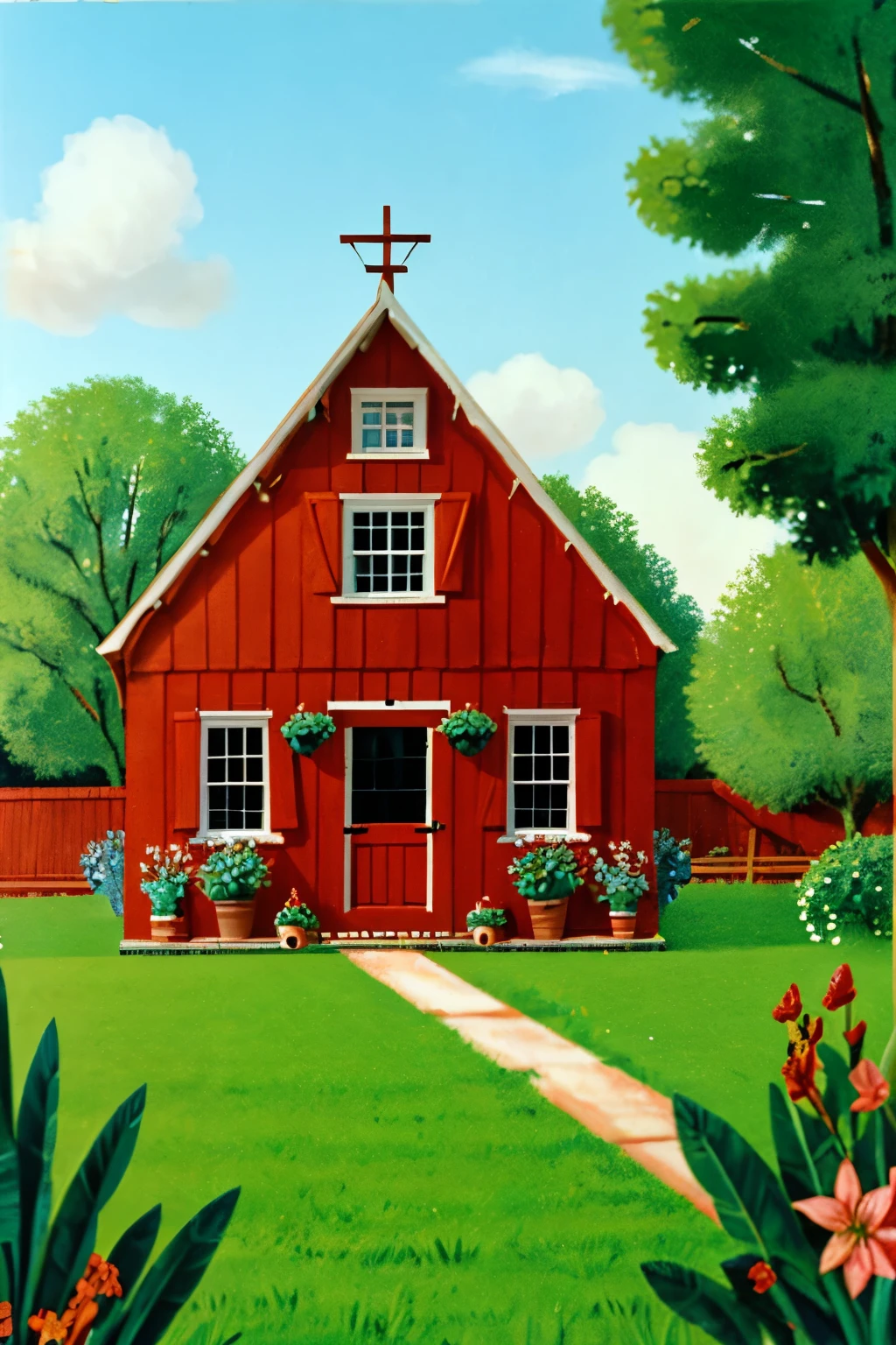 England, 1988. A very small, tiny country house, red bricks, plants, barn style.