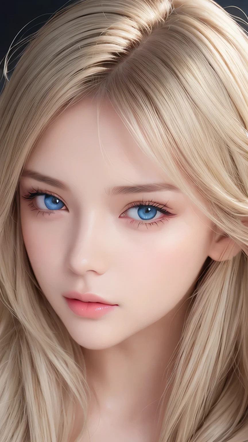 Dressed、(Photorealistic:1.4)、(ハイパーRealistic:1.4)、(Realistic:1.3)、(Smooth lighting:1.05)、(Improved cinematic lighting quality:0.9)、32k、1 Girl、A beautiful woman、Very cute expression、A beautiful 15 year old blonde girl、bangs that fall on the face、Bangs left over the eyeessy bangs between the eyes and nose、Realistic top lighting、Backlight、Face Light、Super long silky platinum hair、Blonde rays、(Bright light:1.2)、(quality improvement:1.4)、(Highest quality realistic textured skin:1.4)、Very beautiful, detailed, shiny, very bright, mint blue, large eyes、Very big eyes、Detailed face、A careful eye for quality、(Tired, sleepy and satisfied: 0.0)、Face close up、T-Shirts、(Enhances the body line:1.1)、(Enhances the beauty of skin texture:1.1)、Cheek gloss highlighter、Small Face Beauty、Round face、Very white and bright skin