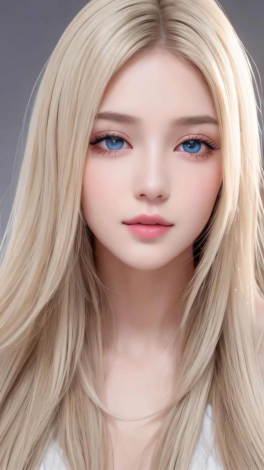 Dressed、(Photorealistic:1.4)、(ハイパーRealistic:1.4)、(Realistic:1.3)、(Smooth lighting:1.05)、(Improved cinematic lighting quality:0.9)、32k、1 Girl、A beautiful woman、Very cute expression、A beautiful 15 year old blonde girl、bangs that fall on the face、Bangs left over the eyeessy bangs between the eyes and nose、Realistic top lighting、Backlight、Face Light、Super long silky platinum hair、Blonde rays、(Bright light:1.2)、(quality improvement:1.4)、(Highest quality realistic textured skin:1.4)、Very beautiful, detailed, shiny, very bright, mint blue, large eyes、Very big eyes、Detailed face、A careful eye for quality、(Tired, sleepy and satisfied: 0.0)、Face close up、T-Shirts、(Enhances the body line:1.1)、(Enhances the beauty of skin texture:1.1)、Cheek gloss highlighter、Small Face Beauty、Round face、Very white and bright skin