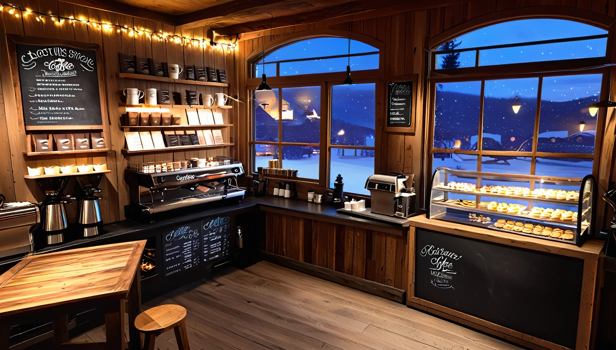 Create an image of a cozy coffee shoop with rustic interior with a roaring fireplace,one chalk board coffee menu,one barista table with barista tool on the barista table,food and coffe cup on the guest table,with and large windows offering a stunning view of a village at night. and be filled with warm lighting to contrast the cold, twinkling lights outside.And detailed such as coffee shop