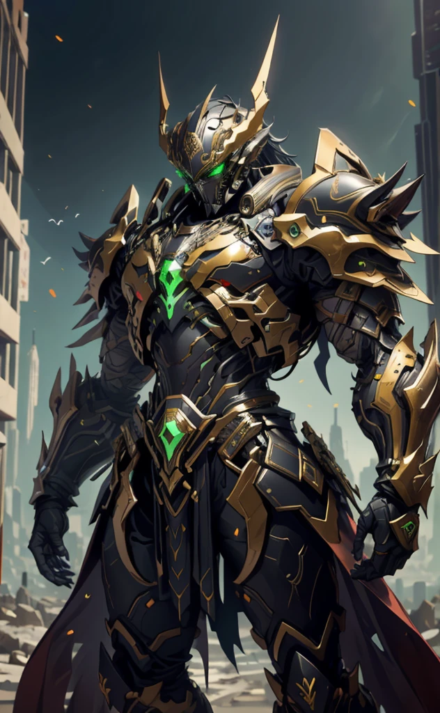 A man wearing a full-face helmet, a fantasy-style biotech armored combat suit, green eyes, (a composite layered chest armor), fully enclosed shoulder guards, matching arm and leg guards, the belt is adorned with fangs biting into orbs, (the color scheme is primarily black with red accents), the design balances heavy with agility, a high-tech bio-mecha armor, (Bat concept Armor, stand on the top of a skyscraper in a futuristic sci-fi city), this character embodies a finely crafted fantasy-surreal style armored hero in anime style, exquisite and mature manga art style, (element, plasma, energy, the armor glows), ((male:1.5)), metallic, real texture material, dramatic, high definition, best quality, highres, ultra-detailed, ultra-fine painting, extremely delicate, professional, perfect body proportions, golden ratio, anatomically correct, symmetrical face, extremely detailed eyes and face, high quality eyes, creativity, RAW photo, UHD, 32k, Natural light, cinematic lighting, masterpiece-anatomy-perfect, masterpiece:1.5