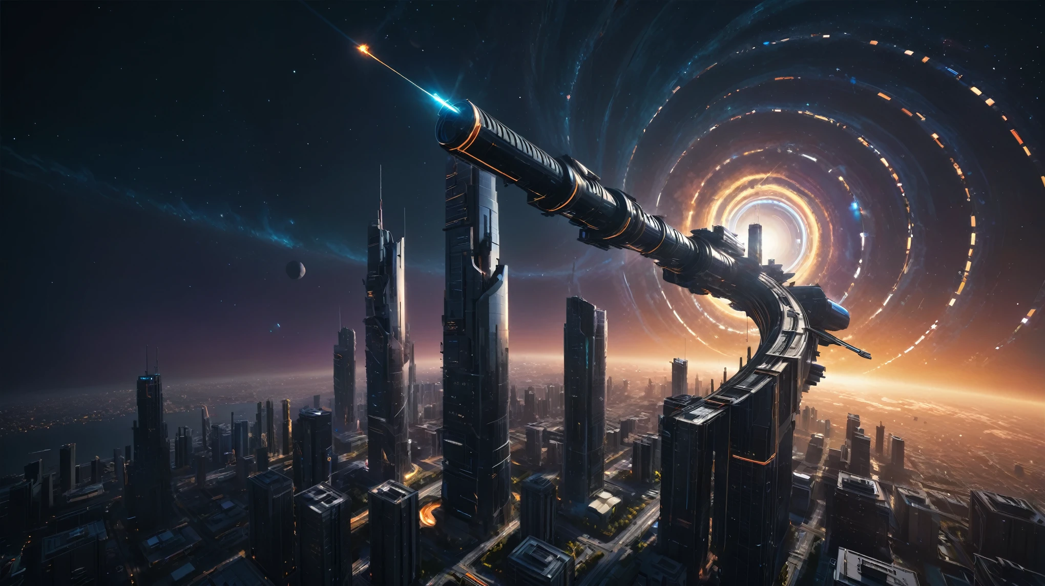 aerial view. brightly colored abstract image of a space station with a spiral, epic beautiful space scifi, chaotic cinematic space rift, greg beeple, planets colliding, beeple and tim hildebrandt, beeple and jean giraud, end of the universe, galaxy space sci-fi, ringworld, by Mike "Beeple" Winkelmann. Matrix style, (((((Matrix cascading code))))), (((((a futuristic twin tower skyscraper with a unique twisted design))))), (((((OLED GUI interfaces in the building))))), at night, (((((1girl, solo))))), photo realistic, (((large-breast:1.2 slim body, cleavage))), (((off broken mini sling-shirt and black sling bra, extreamly short pleated miniskirt exposing panty))), (((((running pose))))), (((((matrix style black sunglasses))))), ((((((((((aiming with a short gun)))))))))), (((((looking at camera))))), (((very low view))), (((((half-body thigh level medium shot))))), (((cinematic lighting))).