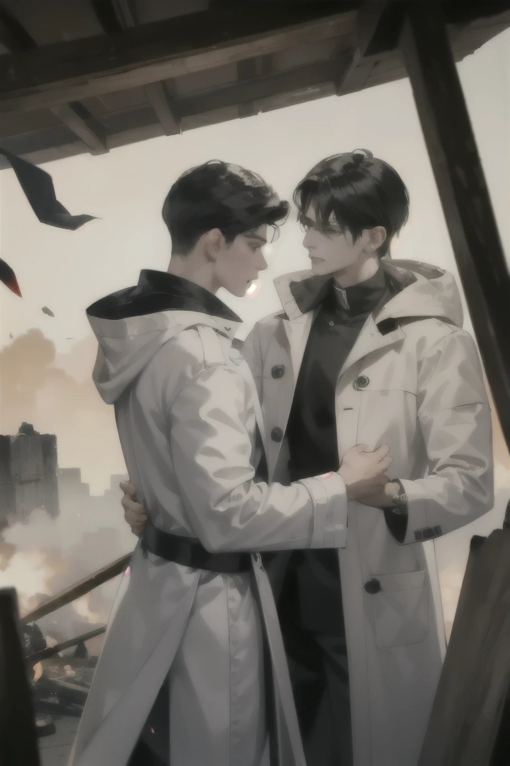 ((best quality)), ((masterpiece)), (detailed), Black-haired man，Two men fighting side by side，end，ruins，White coat，Dangerous environment，Black short hair
