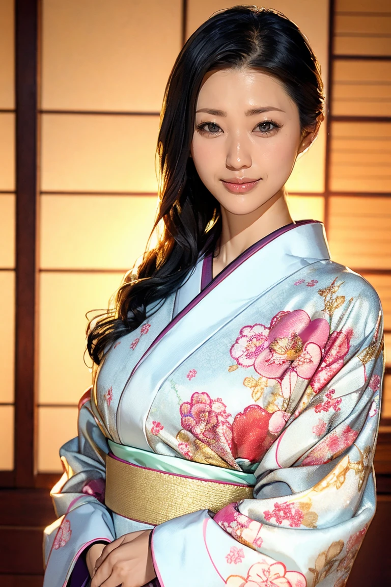 (Highest quality、Tabletop、Best image quality、Award-winning works)、 The proprietress of a beautiful inn、(Beautiful kimono with elegant large floral pattern:1.3)、Perfect female portrait photography、Glowing Skin、Standing Elegantly、(Blurred background of elegant Japanese-style room in luxury ryokan:1.3)、(The most elegant Japanese-style room:1.1)、(Elegant and beautiful shoji screens:1.1)、(Elegant and beautiful sliding doors:1.1)、Tatami room、(An elegant and perfect Japanese-style room:1.1)、(The most romantic and moody:1.1)、(Tyndall effect:1.2)、Great cinema lighting、Glowing Skin、smile、(Large Breasts:1.1)、(Voluptuous body:1.1)、Accentuate your body lines、Upper body photo、Chignon、smile、standing elegantly、Elegant standing posture