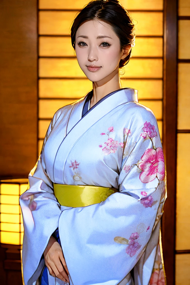 (Highest quality、Tabletop、8K、Best image quality、Award-winning works)、(1 Beautiful Mature Woman:1.1)、(Innkeeper:1.1)、(Elegant Japanese-style patterned kimono:1.2)、(A kimono with a perfect and accurate collar:1.2)、Perfect Mature Woman Portrait Photo、Glowing Skin、Standing Elegantly、(Blurred elegant and elaborate perfect Japanese style room background:1.3)、(The most natural and perfect tidy Japanese-style room background:1.2)、Glowing White Skin、Very white skin、(Accentuate your body lines:1.1)、(Standing most elegantly:1.2)、(Large Breasts:1.2)、(A smile staring at me:1.2)