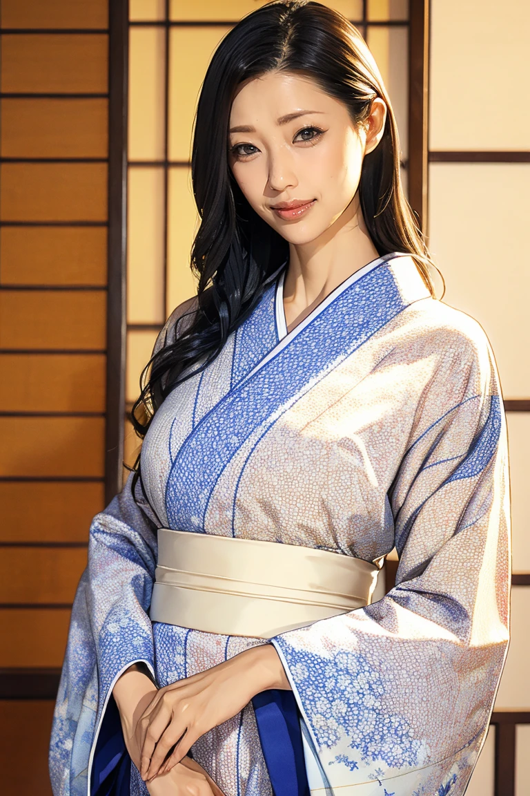 (Highest quality、Tabletop、8K、Best image quality、Award-winning works)、(1 Beautiful Mature Woman:1.1)、(Innkeeper:1.1)、(Elegant Japanese-style patterned kimono:1.2)、(A kimono with a perfect and accurate collar:1.2)、Perfect Mature Woman Portrait Photo、Glowing Skin、Standing Elegantly、(Blurred elegant and elaborate perfect Japanese style room background:1.3)、(The most natural and perfect tidy Japanese-style room background:1.2)、Glowing White Skin、Very white skin、(Accentuate your body lines:1.1)、(Standing most elegantly:1.2)、(Large Breasts:1.2)、(A smile staring at me:1.2)