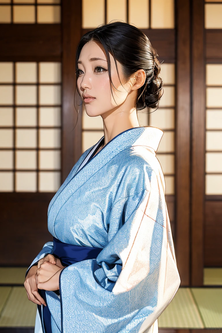 (Highest quality、Tabletop、8K、Best image quality、Award-winning works)、(1 Beautiful Mature Woman:1.1)、(Innkeeper:1.1)、(Elegant Japanese-style patterned kimono:1.2)、(A kimono with a perfect and accurate collar:1.2)、Perfect Mature Woman Portrait Photo、Glowing Skin、Standing Elegantly、(Blurred elegant and elaborate perfect Japanese style room background:1.3)、(The most natural and perfect tidy Japanese-style room background:1.2)、Glowing White Skin、Very white skin、(Accentuate your body lines:1.1)、(Standing most elegantly:1.2)、(Large Breasts:1.2)、(A smile staring at me:1.2)