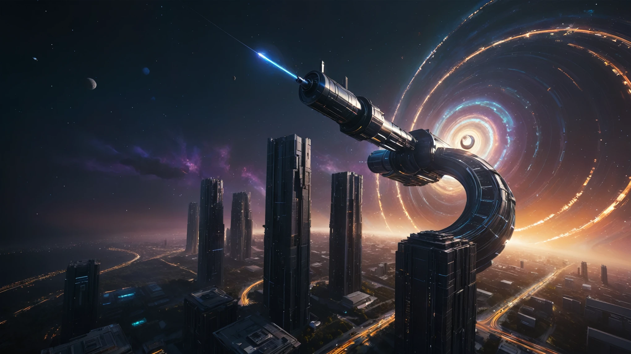 aerial view. brightly colored abstract image of a space station with a spiral, epic beautiful space scifi, chaotic cinematic space rift, greg beeple, planets colliding, beeple and tim hildebrandt, beeple and jean giraud, end of the universe, galaxy space sci-fi, ringworld, by Mike "Beeple" Winkelmann. Matrix style, (((((Matrix cascading code))))), (((((a futuristic twin tower skyscraper with a unique twisted design))))), (((((OLED GUI interfaces in the building))))), at night, (((((1girl, solo))))), photo realistic, (((large-breast:1.2 slim body, cleavage))), (((off broken mini sling-shirt and black sling bra, extreamly short pleated miniskirt exposing panty))), (((((running pose))))), (((((matrix style black sunglasses))))), ((((((((((aiming with a short gun)))))))))), (((((looking at camera))))), (((very low view))), (((((half-body thigh level medium shot))))), (((cinematic lighting))).