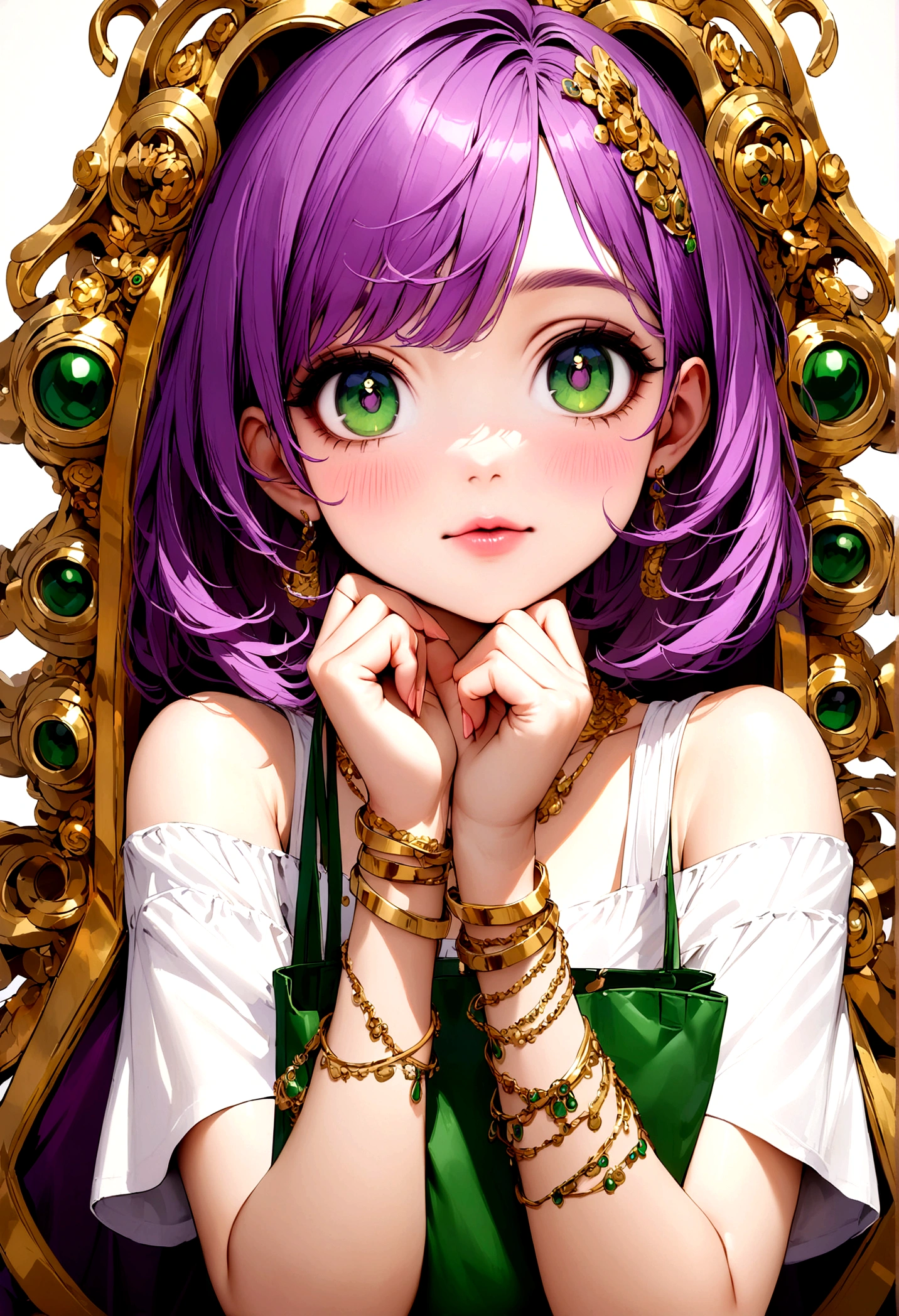 Purple pink short hair girl, Dark green eyes, Purple off-the-shoulder dress, White T-shirt underneath, Wearing a lot of gold bracelets, Green handbag, Crafty Face