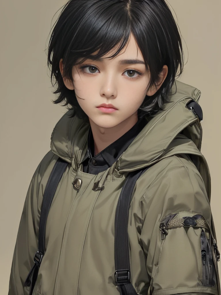 (((Masterpiece))), (high quality), one Japanese boy, 18 years old,(tall and thin,sleepy droopy eyes, long face, (thin cheeks:1.2),(black shaggy short hair,blank expression:1.5),(khaki outdoor jacket,Black Rucksack:1.5),(Close-up of face,turn around:1.5),(Plain background:1.5),