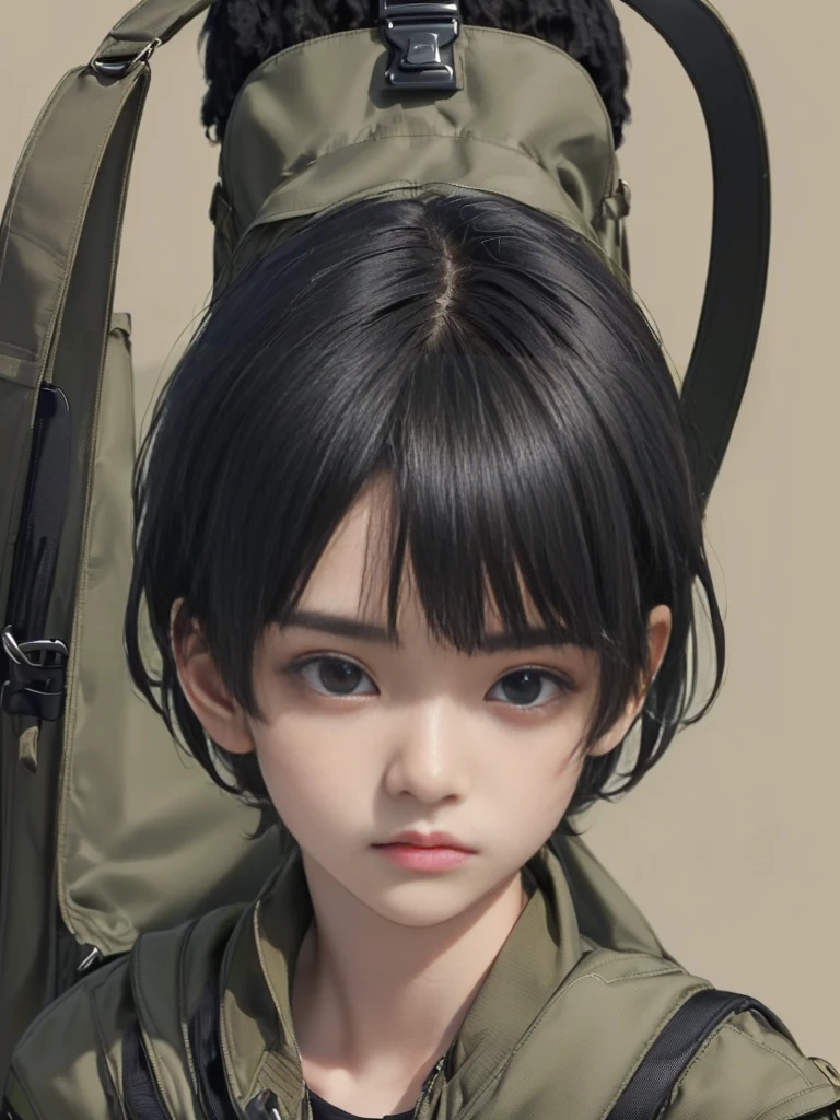 (((Masterpiece))), (high quality), one Japanese boy, 18 years old,(tall and thin,sleepy droopy eyes, long face, (thin cheeks:1.2),(black shaggy short hair,blank expression:1.5),(khaki outdoor jacket,Black Rucksack:1.5),(Close-up of face,turn around:1.5),(Plain background:1.5),