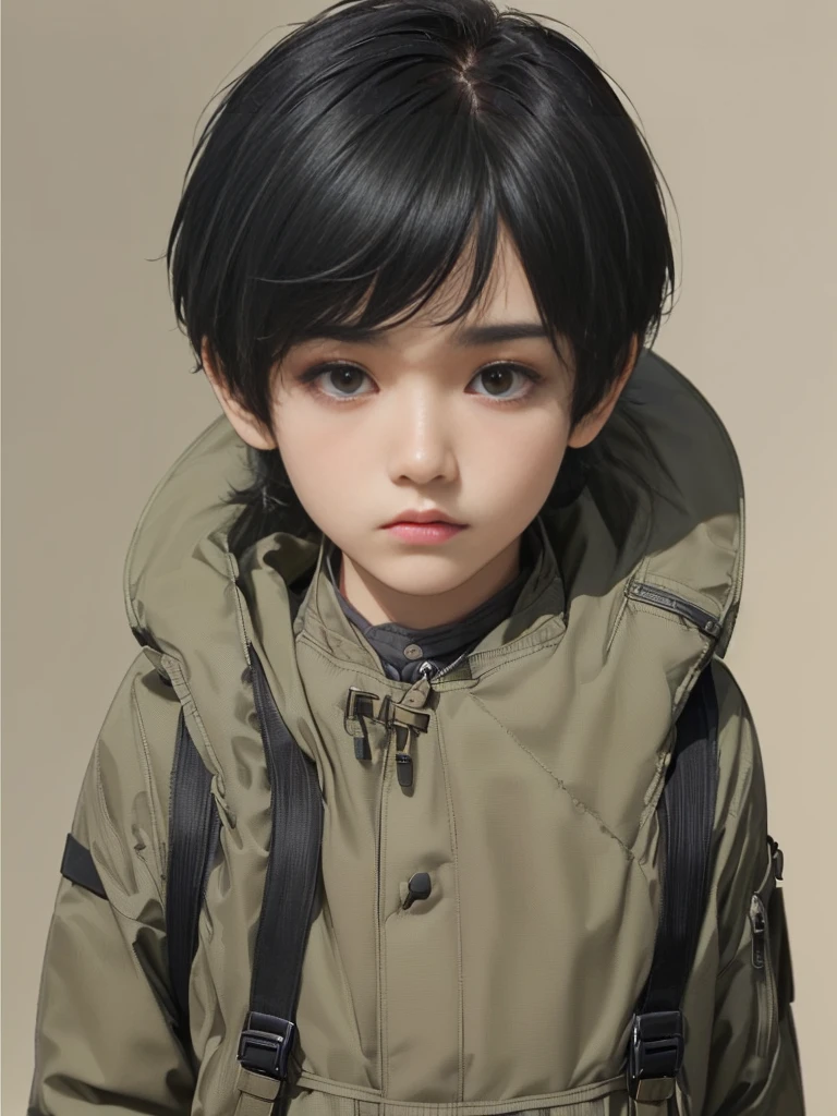 (((Masterpiece))), (high quality), one Japanese boy, 18 years old,(tall and thin,sleepy droopy eyes, long face, (thin cheeks:1.2),(black shaggy short hair,blank expression:1.5),(khaki outdoor jacket,Black Rucksack:1.5),(Close-up of face,turn around:1.5),(Plain background:1.5),
