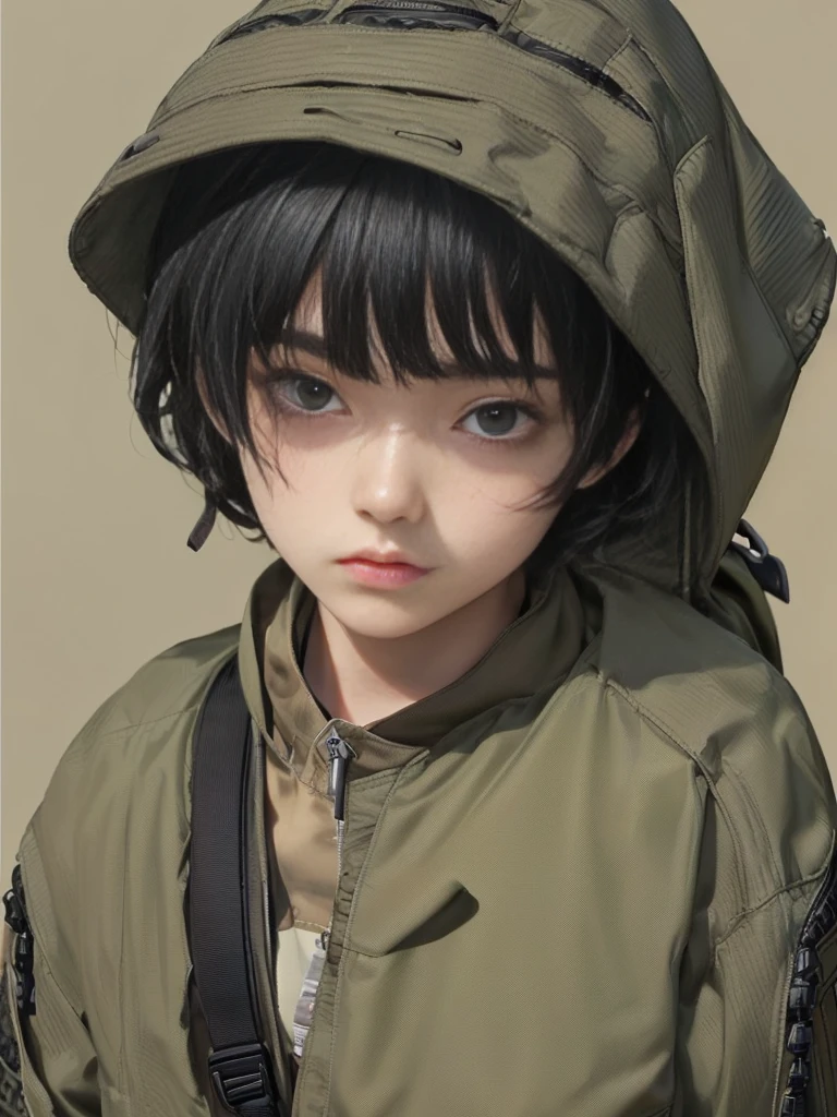 (((Masterpiece))), (high quality), one Japanese boy, 18 years old,(tall and thin,sleepy droopy eyes, long face, (thin cheeks:1.2),(black shaggy short hair,blank expression:1.5),(khaki outdoor jacket,Black Rucksack:1.5),(Close-up of face,turn around:1.5),(Plain background:1.5),