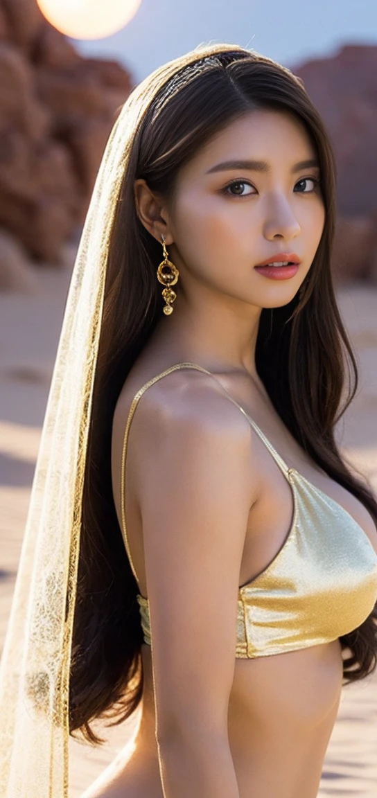 1 Girl, ((Big Saggy Tits:1.3)),(Wear golden Arabian Nights-style clothing:1.2), (A goddess in a tiny golden triangle micro bikini with golden embellishments),(Veil), Very beautiful Japanese idol portraits,
(RAW Photos, Highest quality), (Realistic, Realistic:1.4), (masterpiece),
Very delicate and beautiful, Very detailed, 2k wallpaper, wonderful, finely, Very detailed CG Unity 8K wallpaper, Very detailed, High resolution, Soft Light,
Beautiful detailed girl, Very detailed目と顔, Beautiful and sophisticated nose, Beautiful and beautiful eyes, Cinema Lighting,
(Standing in the desert on a moonlit night:1.3), (Big Moon), (Silhouette of a girl's whole body floating in the moonlight), (Transmits light), (Dark screen:1.5), (Hair and outfits fluttering in the wind),
(Medium Hair), (whole body),
Complete Anatomy, Slender body, Big droopy,The Goddess Who Descended into the Desert of the Orient,