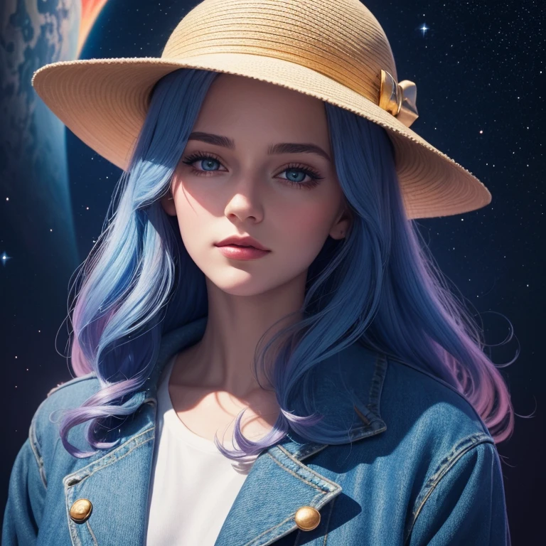 a close up of a European beautiful young woman wearing a hat and a blue jacket, jen bartel, ☁🌪🌙, illustration style, 2 d illustration, 2d illustration, in style of digital illustration, dreamy illustration, 2d digital illustration, dressed in stars and planets, procreate illustration, by Andrée Ruellan, in style of laurie greasley
