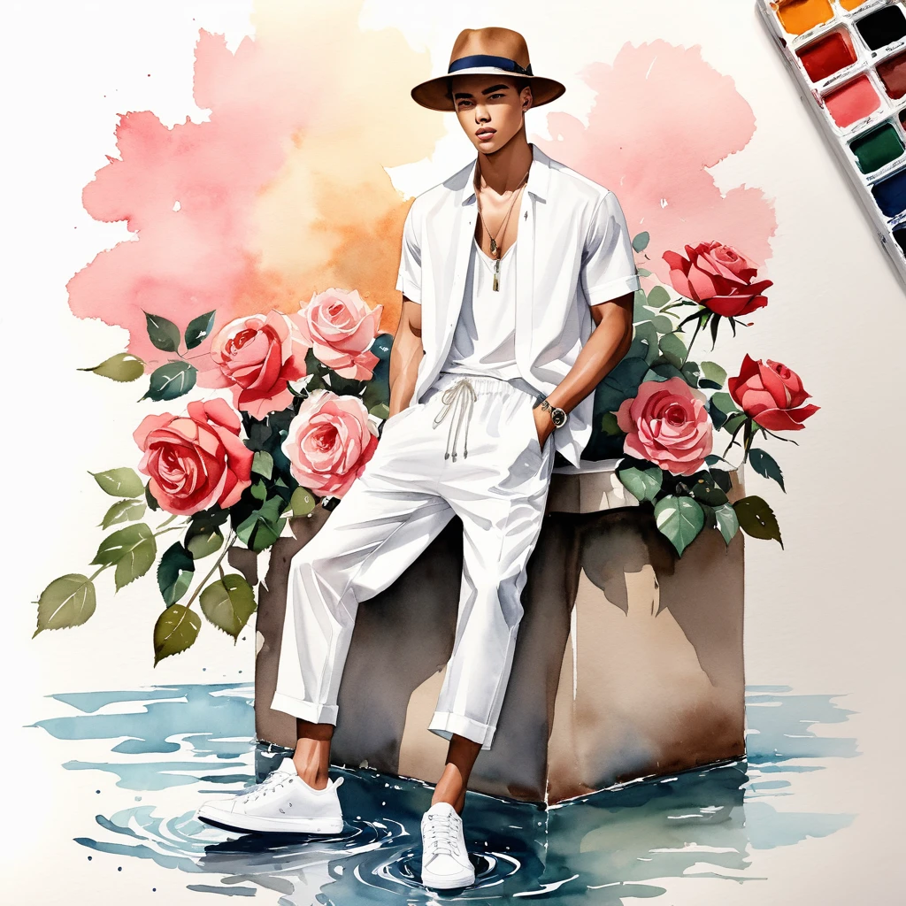 candid fashion illustration of young 2man Mixed race man, both aged 18-23 year old, ((showcase fashion look book in White linen outfits)), the design inspired David Austin Rose, in elegant young chic bohemian style. The man wears an oversized short-sleeved white shirt with a minimal embroidery details, paired with relaxed-fit white Sports pants with Drawstring, He completes his look with white sneakers, round glasses. The 2man complements him in a white Calf-length fitted pants in a cotton weave with short sleeves shirt, He resemble includes an accessorizes with a brimmed straw hat and white sneakers, Captured in a low angle, ((full-body image)), ((big rose in water color background)), sketching, realistic drawing, ((imperfect water color drawing)), fashion look book, fashion illustrator, sketch design,