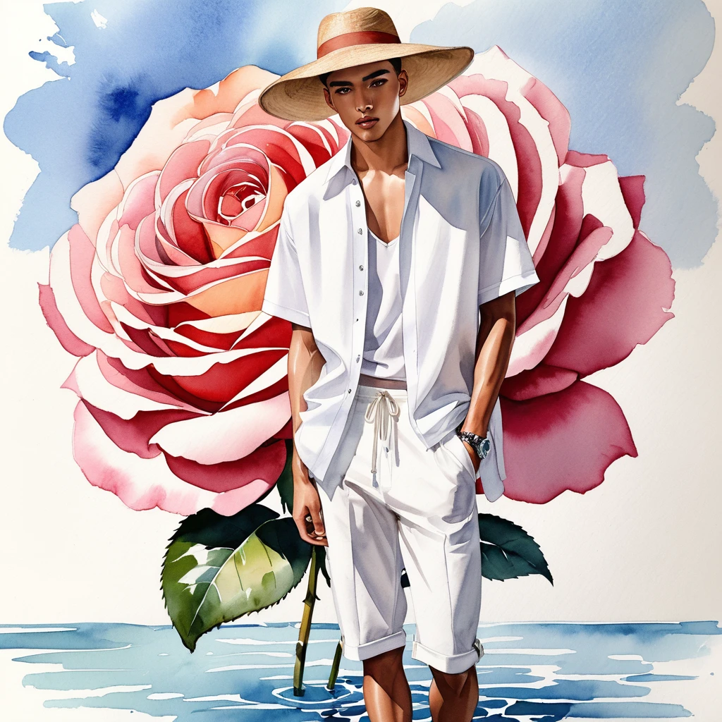 candid fashion illustration of young 2man Mixed race man, both aged 18-23 year old, ((showcase fashion look book in White linen outfits)), the design inspired David Austin Rose, in elegant young chic bohemian style. The man wears an oversized short-sleeved white shirt with a minimal embroidery details, paired with relaxed-fit white Sports pants with Drawstring, He completes his look with white sneakers, round glasses. The 2man complements him in a white Calf-length fitted pants in a cotton weave with short sleeves shirt, He resemble includes an accessorizes with a brimmed straw hat and white sneakers, Captured in a low angle, ((full-body image)), ((big rose in water color background)), sketching, realistic drawing, ((imperfect water color drawing)), fashion look book, fashion illustrator, sketch design, 