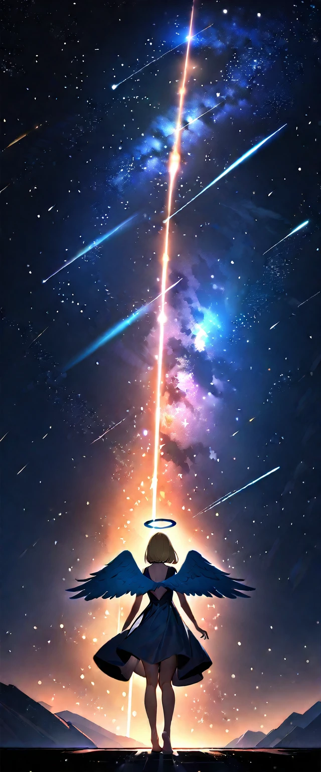 (((A meteor shower dancing in the night sky, countless stars twinkling in the clear air, a beautiful starry sky, the Milky Way shining beautifully in the night))), flying, (((with big angel wings on back))), halo, backless dress, looking up, mountain, wide shot, back shot, a girl, bob cut, bare legs, bare foot, blond hair, (best quality, 4K, 8K, highres, masterpiece:1.2, ultra-detailed, HDR, uhd, studio lighting, ultra-fine painting, sharp focus, physically-based rendering, extreme detail description, professional, vivid colors, bokeh)