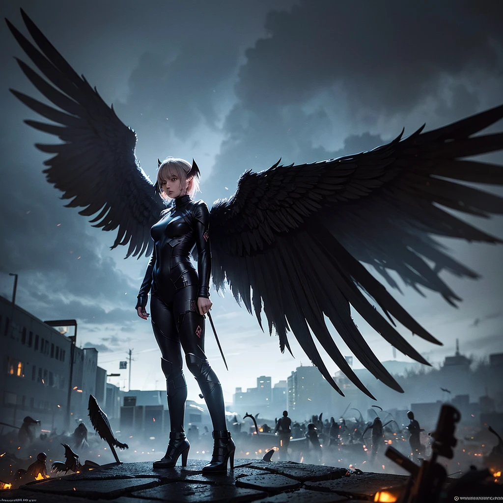 fallen angel, large wings. Surrounded by smaller demons in a dark apocalyptic urban city, with stormy clouds and a glowing light in the sky