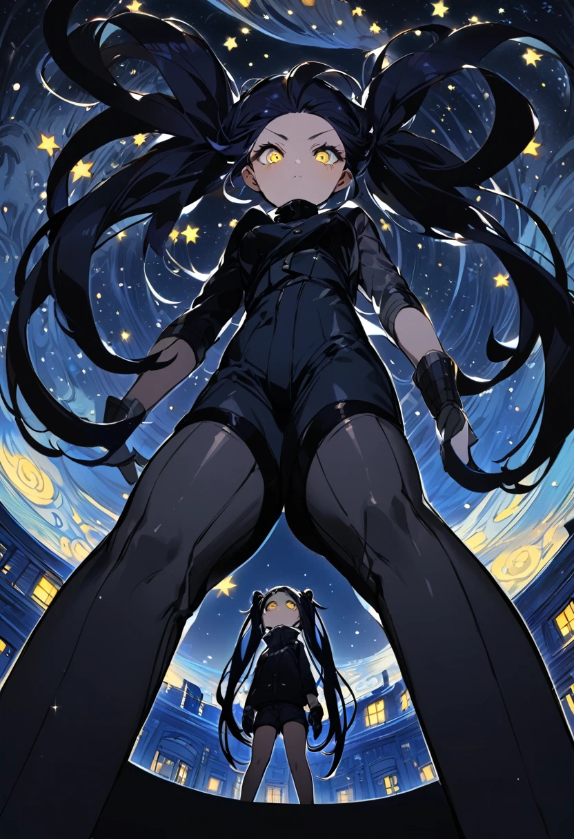 (One person,Very tall woman,Dark navy blue hair,Her hairstyle is twin tails that expose her forehead.,Medium chest,yellow eyes,Sharp Eye,Black Techwear,Shorts,Angle from below,The background is a starry night)