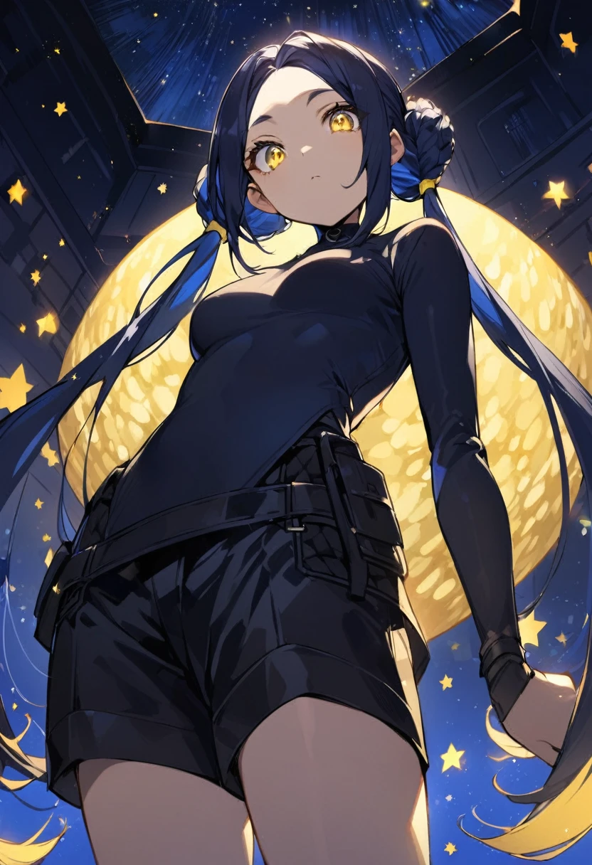 (One person,Very tall woman,Dark navy blue hair,Her hairstyle is twin tails that expose her forehead.,Medium chest,yellow eyes,Sharp Eye,Black Techwear,Shorts,Angle from below,The background is a starry night)