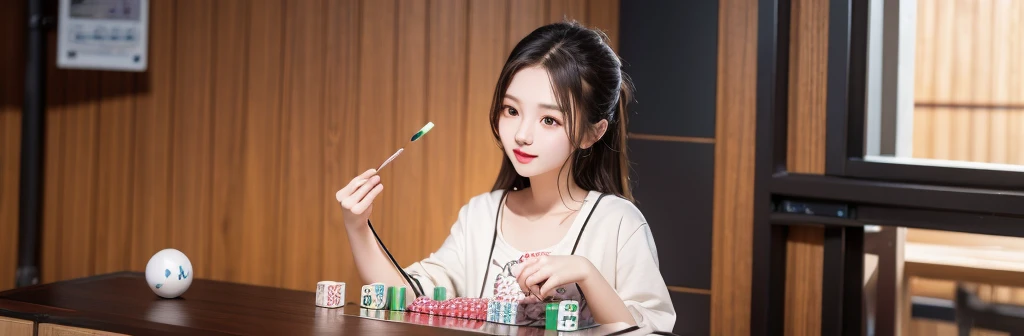 A horizontal wallpaper that summarises hobbies、mahjong、Stock Trader、badminton、Video Editing、darts、Cute illustration、Cute 18 year old girl