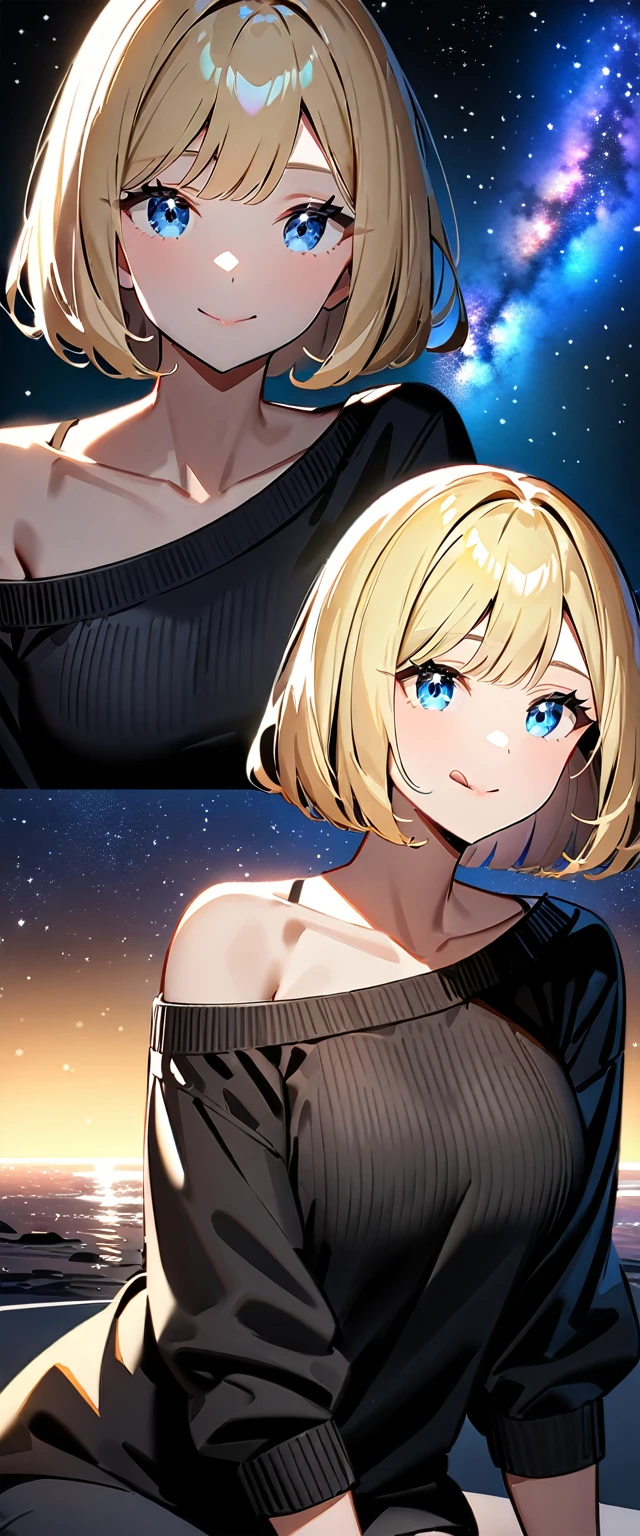 from side, ((stick out tongue)), ((off-shoulder sweater:1.3, Quite thick shoulder straps)), ((black sweater)), ((Aran sweater)), ((())), ((((upper body)))), ((Leaning to side)), (((a beautiful starry sky, the Milky Way shining beautifully in the night))), ((sitting on the very high cliff)), wavy hair, inward curled hair, sea, ((blond hair, bob cut:1.3)), breasts, teenager, (looking at viewer), oversized clothes, puffy long sleeves, collarbone, head tilt:1.3, (((blue eyes))), happy smile, (((anime style))), (best quality, 4K, 8K, highres, masterpiece:1.2, ultra-detailed, ultra-detailed eyes, HDR, uhd, studio lighting, ultra-fine painting, sharp focus, physically-based rendering, extreme detail description, professional, vivid colors, bokeh)