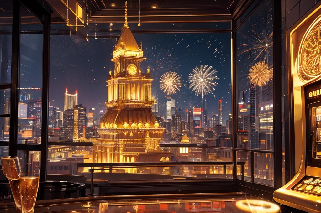 golden casino, night, downtown, HDR, 4k resolution, golden moon, firework, modern architecture, slot machine, indoor