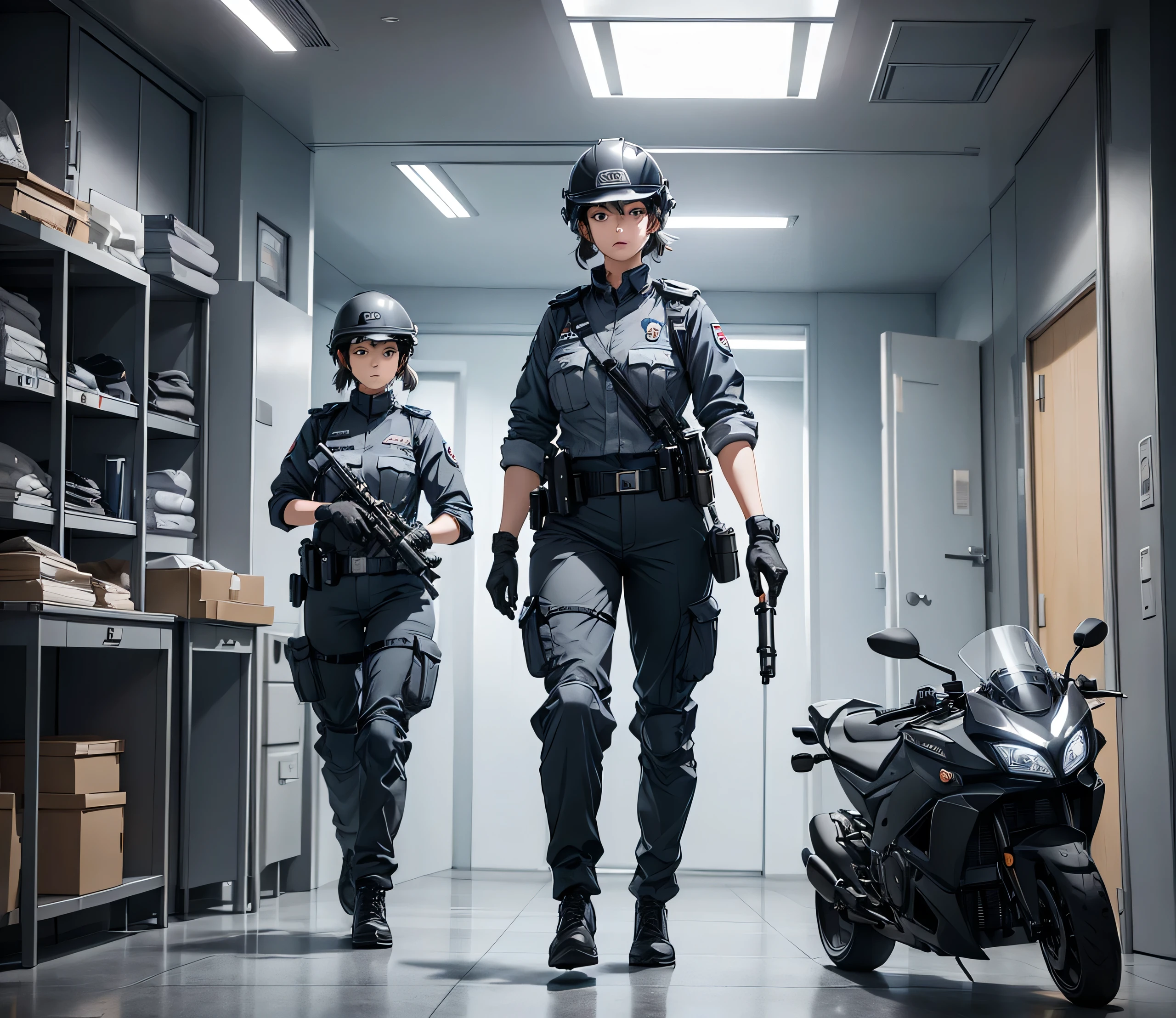 A group of women all wearing gray police uniforms、All wear helmets、Pants、Gloves、Patrolling interior corridors、Write details、masterpiece、best quality、Highly detailed CG、8K picture quality
