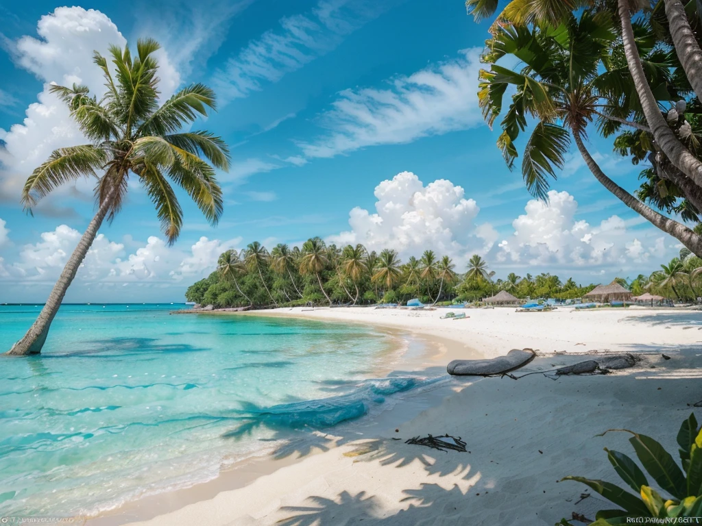 a tropical island with lush green palm trees, crystal clear turquoise waters, white sandy beaches, blue sky with fluffy clouds, (best quality,4k,8k,highres,masterpiece:1.2),ultra-detailed,(realistic,photorealistic,photo-realistic:1.37),landscape,serene,vibrant colors,natural lighting,environmental,scenic,idyllic,paradise