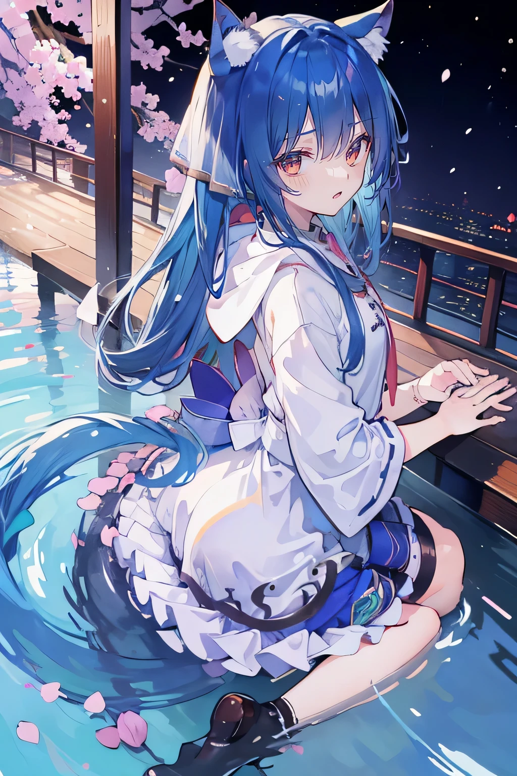 （masterpiece：1.2），Super detailed，lifelike，Expressive eyes，fair skin，perfect face shape，1 girl，
Japanese comics,Gorgeous blue hair,flowing blue hair,flowing clothes,Cat ears,Petals fall,beautiful lola,Baby Angel,
Shaking head with one hand，Cross your legs，Gentle and peaceful background，The pavilion is cool and comfortable,smile, wearing hoodie, background of tokyo,back views,snowing, winter,lie on the water.