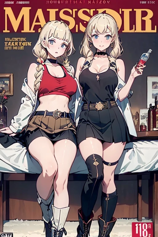 (masterpiece:1.2), (Military uniform magazine cover:1.4),best quality,PIXIV,Sweet girl , sexy posture,1girl, (perky chest:1.2), rolling  by wind:1.6, (with sparkling eyes and a contagious smile),open mouth, (pointed chest:1.2),fishnets, black hair, boots, long hair, black nails, skirt, shirt, black footwear, bag, black skirt, jewelry, jacket,  thigh strap, bangs, necktie, earrings, nail polish, multicolored hair, looking at viewer, full body, bottle, own hands together, belt, jacket on shoulders, food, cats on head, ring, choker, english text, collared shirt, blue eyes, hat, lace-up boots ,masterpiece、highest quality、Very detailed、An illustration、Beautiful fine details、One Girl、cute、Detailed landscape、Training Room Background:1.4、Platinum Blonde Hair、Braided Ponytail、Red camisole、((c cup breasts, Tank top showing underboob:1.4))
