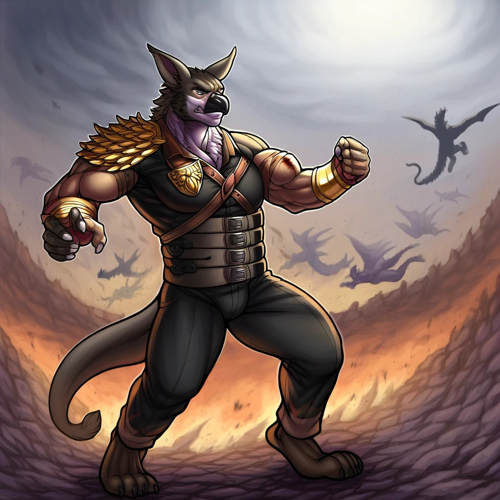 score_9_up, ((adult)), (gryphon:1.2), (male, dragon scales, black scales), with Center parted shoulder length hairstyle, (wearing military clothes, armor, pants), (damaged, injuries, body injuries, missing limbs, gore, battle scene), action pose, show legs, scene background