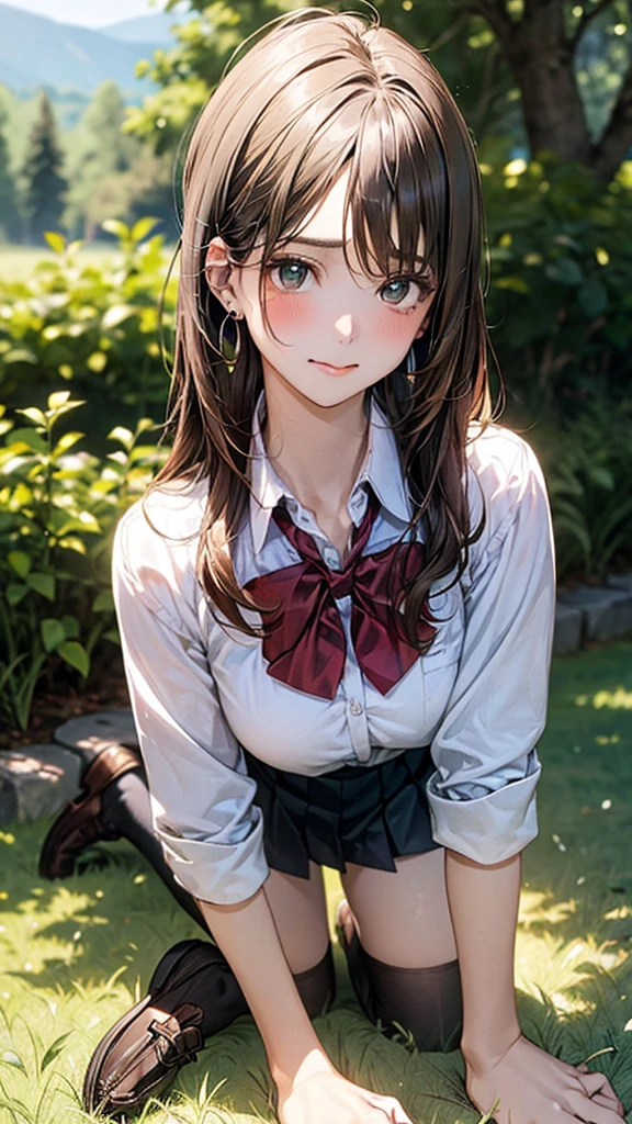 (masterpiece:1.2, top-quality), (realistic, photorealistic:1.4), beautiful illustration, (natural side lighting, movie lighting), 
looking at viewer, cowboy shot, front view:0.6, 1 girl, japanese, high school girl, perfect face, cute and symmetrical face, shiny skin, 
(long hair:1.8, straight hair:1.7, light brown hair), parted bangs, emerald green eyes, long eye lasher, (large breasts:0.9, thick thighs), 
beautiful hair, beautiful face, beautiful detailed eyes, beautiful clavicle, beautiful body, beautiful chest, beautiful thigh, beautiful legs, beautiful fingers, 
((, white collared shirts, black pleated mini skirt, black socks, brown loafers, red bow tie)), break, hoop ring earrings, pink panties, dark blue violet cardigan
(beautiful scenery),
In a grassy field, a girl is on all fours, and a big dog is behind her, grabbing her waist with its paws and holding her close to the lower half of her body.
Her face is bright red and flushed, her mouth is open, and she looks like she is about to cry.
She is wearing a very short skirt.
