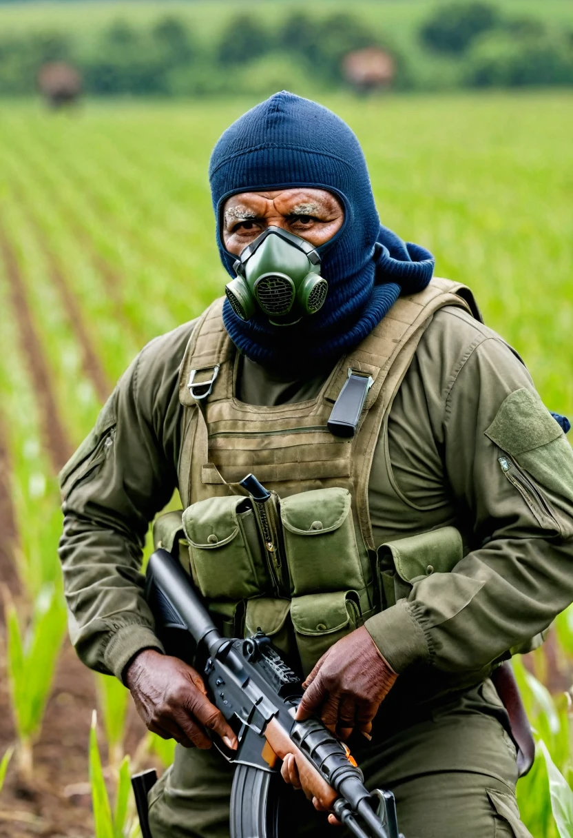 (a dark-skinned elderly chubby bulky old man in military air force pilot gear) wearing balaclava and gasmask covering his mouth and nose, patrolling in a field with rifle, Bruce Onobrakpeya, sumatraism, stanley artgermm, professional photo, a stock photo, fierce, heroic