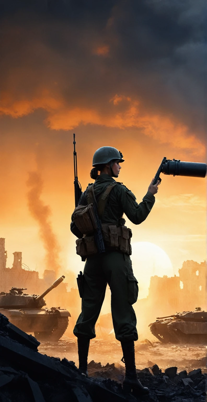(A female soldier raised her hand to touch something,Carrying a sniper rifle on his back,Background is the ruins of the city,Under the sunset:1.5)painting masterpiece, Extremely detailed, Black White Dark Steel Dark Blue Black Light Brown Dark Brown White Light Orange Dark Red Dark Green, Dramatic Lighting, evening, High contrast, steam, FOG, Israeli soldiers fighting with tanks on the battlefield, Movie Lighting, Aspect ratio of 16:9, steam, 4K, professional ominous Concept Art, author:artgerm and greg rutkowski, complex, elegant, Highly detailed digital painting, Concept Art, Smooth, Clear focus, illustration, Simon Starenhagen's style, Wayne Barlow, 和 igor kieryluk., Acrylic painting, Popular in pixiv Fan Box, Palette knife and brush strokes, Makoto Shinkai's styleJamie WiseJames GirardEdward HopperGreg RutkowskiStudio GhibliGenshin Impact
