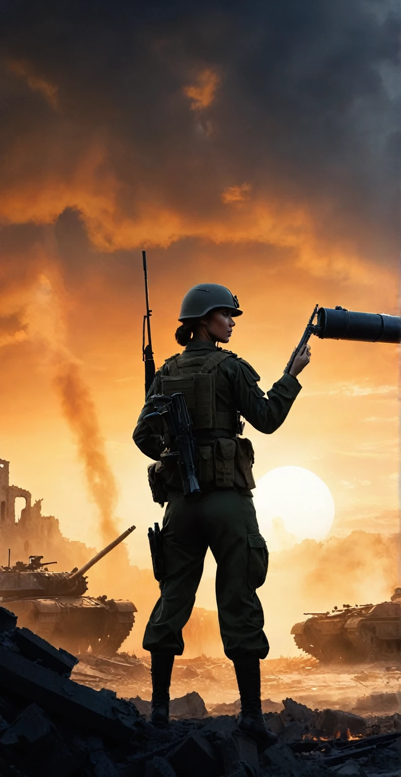 (A female soldier raised her hand to touch something,Carrying a sniper rifle on his back,Background is the ruins of the city,Under the sunset:1.5)painting masterpiece, Extremely detailed, Black White Dark Steel Dark Blue Black Light Brown Dark Brown White Light Orange Dark Red Dark Green, Dramatic Lighting, evening, High contrast, steam, FOG, Israeli soldiers fighting with tanks on the battlefield, Movie Lighting, Aspect ratio of 16:9, steam, 4K, professional ominous Concept Art, author:artgerm and greg rutkowski, complex, elegant, Highly detailed digital painting, Concept Art, Smooth, Clear focus, illustration, Simon Starenhagen's style, Wayne Barlow, 和 igor kieryluk., Acrylic painting, Popular in pixiv Fan Box, Palette knife and brush strokes, Makoto Shinkai's styleJamie WiseJames GirardEdward HopperGreg RutkowskiStudio GhibliGenshin Impact