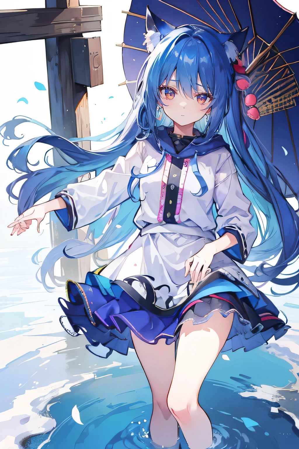 (masterpiece:1.2),Super detailed,lifelike,Expressive eyes,fair skin,perfect face shape,1 girl,
Japanese comics,Gorgeous blue hair,flowing blue hair,flowing clothes,Cat ears,Petals fall,beautiful lola,Baby Angel,
Shaking head with one hand,Cross your legs,Gentle and peaceful background,The pavilion is cool and comfortable,smile, wearing hoodie, background of tokyo,back views,snowing, winter,lie on the water.