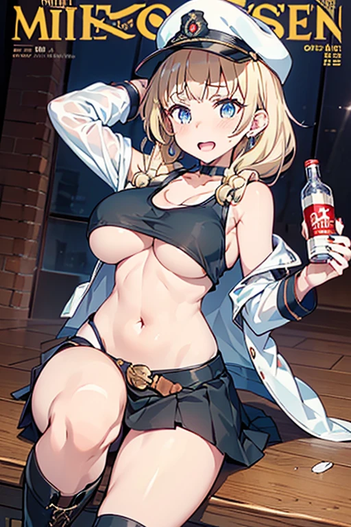 (masterpiece:1.2), (Military uniform magazine cover:1.4),best quality,PIXIV,Sweet girl , sexy posture,1girl, (perky chest:1.2), rolling upskirt by wind:1.6, (with sparkling eyes and a contagious smile),open mouth, (pointed chest:1.2),fishnets, black hair, boots, long hair, black nails, skirt, shirt, black footwear, bag, black skirt, jewelry, jacket, thigh strap, bangs, necktie, earrings, nail polish, multicolored hair, looking at viewer, full body, bottle, own hands together, belt, jacket on shoulders, food, cats on head, ring, choker, english text, collared shirt, blue eyes, hat, lace-up boots ,masterpiece、highest quality、Very detailed、An illustration、Beautiful fine details、One Girl、cute、Detailed landscape、Training Room Background:1.4、Platinum Blonde Hair、Braided Ponytail、Red camisole、((c cup breasts, Tank top showing underboob:1.4))