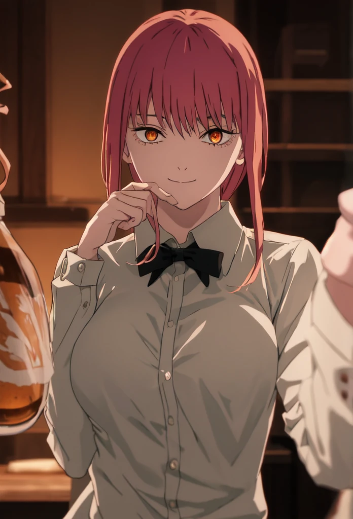 Highest quality, masterpiece, High resolution, alone, (hand_Chainsaw Man:1.10), One girl, Collared shirt, Orange eyes, White shirt, Beer mug, Blurred Background, Black tie, smile, View your viewers, Look to the side, anime_style, 6 