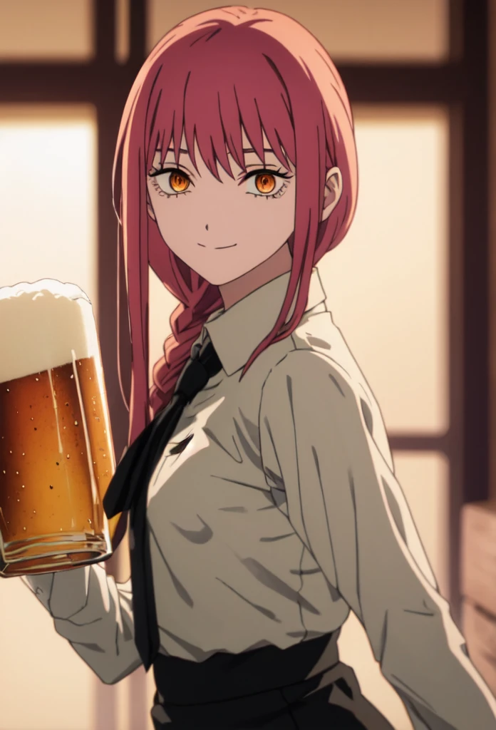 Highest quality, masterpiece, High resolution, alone, (hand_Chainsaw Man:1.10), One girl, Collared shirt, Orange eyes, White shirt, Beer mug, Blurred Background, Black tie, smile, View your viewers, Look to the side, anime_style, 6 